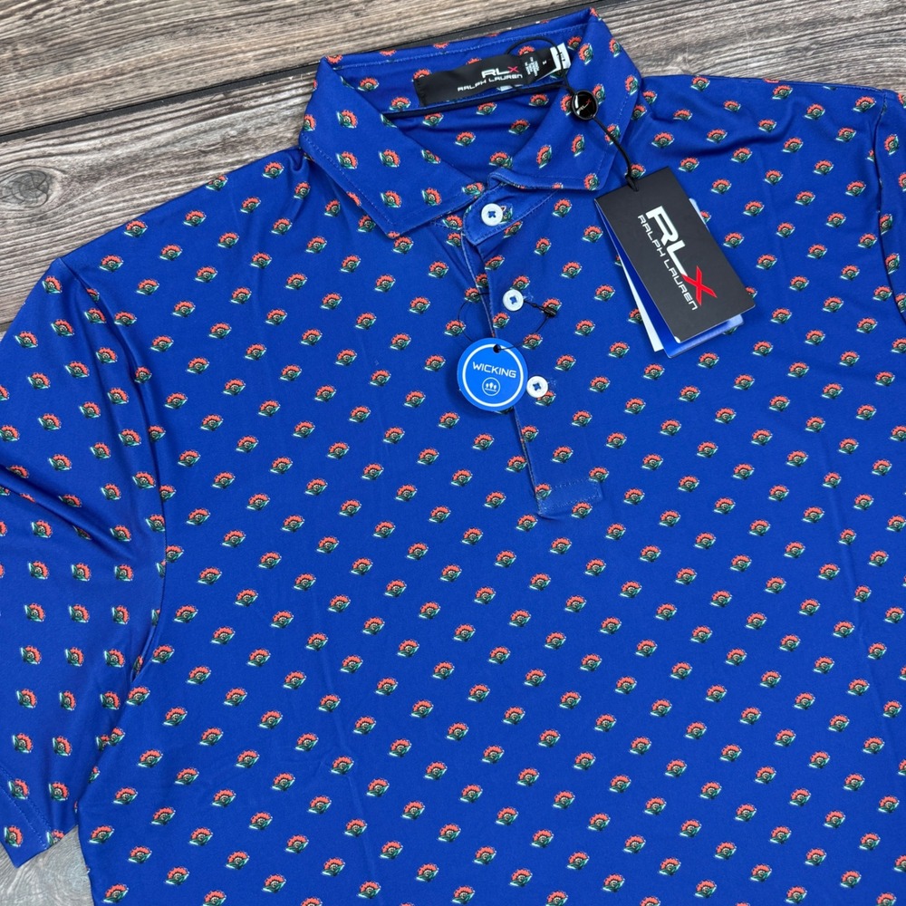 RLX Ralph Lauren Mens Golf Polo‎ Size Medium Blue Floral Wicking Stretch NWT